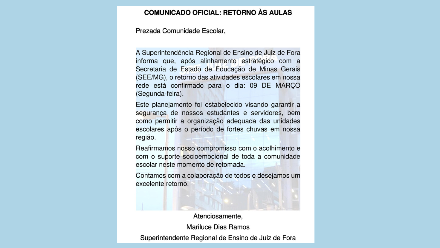 Retorno às aulas – 09 de Março/2026